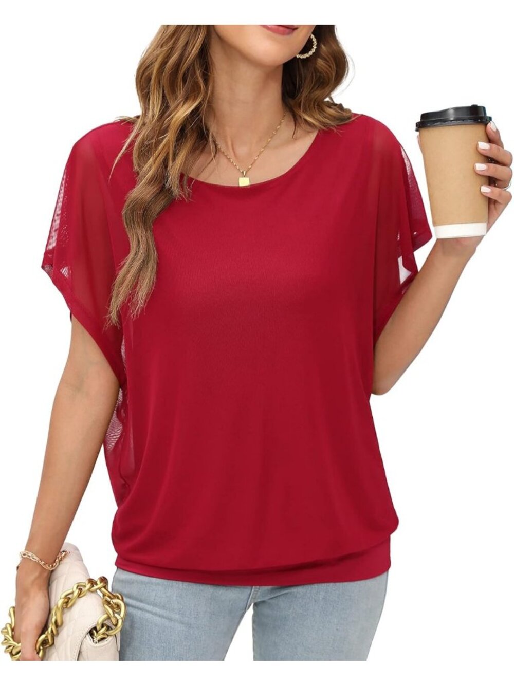 Women Mesh Wine Red Elegant Loose Casual Short Sleeve Chiffon Top T Shirt Blouse